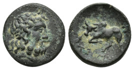 Pisidia, Termessos Æ (14mm, 2.7 g). Circa 1st century BC. Laureate head of Zeus to right / Forepart of bull to left; TEPMH below.