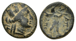 PHRYGIA. Apameia (Circa 88-48 BC). AE Bronze (13mm, 3.3 g) Bust of Tyche right. Obv: AΠAME / Nude Marsyas striding to right on meander pattern, playin...