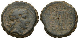 SELEUKID KINGS of SYRIA. Demetrios I Soter. 162-150 BC. Serrate Æ (24mm, 15.8 g). Antioch on the Orontes mint. Laureate head of Apollo right, bow and ...