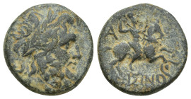 PISIDIA. Isinda. Ae (18mm, 5.3 g) (2nd-1st centuries BC). Dated CY 1 (19/18 or 6/5 BC). Obv: Laureate head of Zeus right. Rev: ΙΣΙΝ. Warrior on horseb...