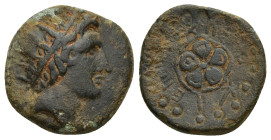 ISLANDS off CARIA, Rhodos. Rhodes. Early 1st century AD. Æ (18mm, 4.1 g). Epituches, magistrate. Radiate head of Helios right / Rose seen from above; ...