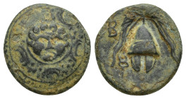 Philip III Kings of Macedonia, AE (16mm, 3.5 g) Salamis 323-317 BC. Facing Gorgoneion in the center, forming central boss of Macedonian shield ornamen...