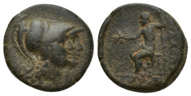 PAMPHYLIA. Attaleia. Ae (18mm, 5 g) (2nd-1st centuries BC). Obv: Jugate helmeted heads of two Athenas right. Rev: ATTAΛEΩN. Zeus seated left on throne...