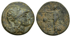 PAMPHYLIA, Side. After 133 BC. Æ (16mm, 3 g). Head of Athena right, wearing crested Corinthian helmet / Nike standing left holding wreath and palm; po...