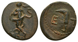 PISIDIA, Etenna. 1st century BC. Æ (17mm, 3 g). Nymph standing facing, head left, holding coiled serpent; amphora to lower left / Curved knife.