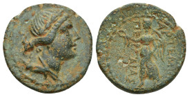PAMPHYLIA. Perge. Tiberius (14-37). Ae. (19mm, 4.4 g) Obv: Draped bust of Artemis right, with quiver over shoulder. Rev: Nike advancing left, holding ...