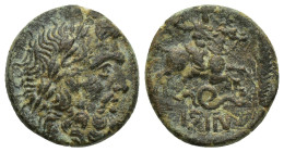 PISIDIA. Isinda. 1st century BC. (Bronze, 16mm, 5.1 g), Era of Amyntas(?). Laureate head of Zeus to right. Rev. IΣIN Warrior on horseback right, hurli...