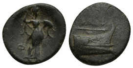 Lycia. Phaselis circa 190-167 BC. Bronze Æ (17mm, 3.4 g). / Φ Athena standing right, holding spear and shield. / Prow of galley right.