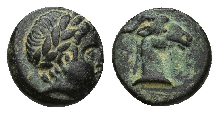AEOLIS. Aigai. (4th-3rd centuries BC). Ae. (8mm, 0.8 g) Obv: Laureate head of Ap...