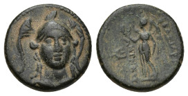 Seleukid Empire, Antiochos I Soter Æ (14mm, 2.6 g) Smyrna or Sardes, circa 281-261 BC. Helmeted head of Athena facing / ΒΑΣΙΛΕΩ[Σ] ΑΝΤΙΟΧ[ΟΥ], Nike st...