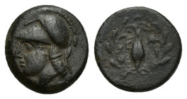 Aeolis, Elaia. AE (11mm, 1.5 g), c. mid 4th to mid 3rd Century BC. Obv. Helmeted head of Athena left. Rev. Grain-ear, to left and right, E - Λ; all wi...