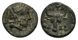Troas. Assos . ΑΡΤΑΣ, magistrate 400-241 BC. Bronze Æ (10mm, 1.2 g). Head of Athena right, wearing crested Attic helmet decorated with olive wreath / ...