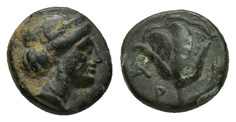 CARIA. Rhodes. Ae (9mm, 1.4 g) (404-circa 385 BC). Obv: Head of nymph of Rhodes ...