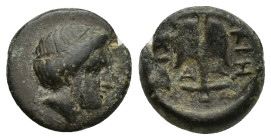 Thrace, Apollonia Pontika Æ (12mm, 2.3 g). Circa 405-330 BC. Laureate head of Apollo right / ΔΙΧΑ ΛΚΙΗ, upright anchor, A to left, crayfish to right....