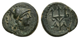 UNCERTAIN. Ae (11mm, 1.2 g). Obv: Helmeted head of Athena right. Rev: Trident; A to left and Λ to right.