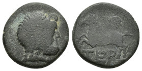 Pisidia. Termessos 71-36 BC. Bronze Æ (17mm, 4,6 g). Laureate head of Zeus / Horse prancing left.