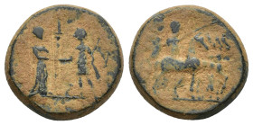 Aiolis, Kyme. Ca. 2nd century B.C. AE (16mm, 5.3 g). K-Y in fields to left and right of Artemis standing right, holding long torch, clasping hands wit...