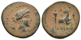 IONIA, Ephesos . Circa 48-27 BC. Æ (23mm, 9.5 g). Draped bust of Artemis right, wearing stephane, bow and quiver over shoulder / E-F, forepart of a st...