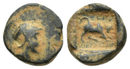PHRYGIA, Kibyra. Late 2nd-1st centuries BC. Æ (12mm, 2.3 g). Helmeted head of Athena right; monogram behind / Humped bull butting right; E M above; al...