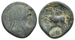 Pisidia. Termessos 71-36 BC. Bronze Æ (16mm, 4.6 g). Laureate head of Zeus / Horse prancing left.