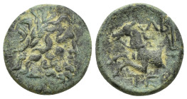 Pisidia. Termessos 100-0 BC. Bronze Æ (18mm, 4,9 g). Laureate head of Zeus right / TEP, forepart of horse left; ΛΕ (dated CY 35=38 BC) above, thunderb...
