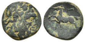 Pisidia. Termessos 71-36 BC. Bronze Æ (15mm, 4.4 g). Laureate head of Zeus / Horse prancing left.