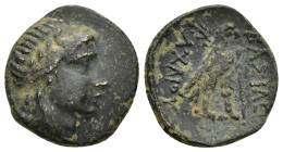 Seleukid Kingdom. Achaios. 220-214 B.C. Æ (19mm, 4.4 g). Sardes. Laureate head of Apollo right / ΒΑΣΙΛΕΩΣ ΑΧΑΙΟΥ, eagle standing right, palm branch ov...