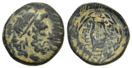 LYDIA. Philadelphia. Ae (18mm, 6 g) (1st century BC). Obv: Diademed head of Zeus right. Rev: ΦΙΛΑΔΕΛΦΕΩΝ. Lyre; ivy leaf above; all within wreath....