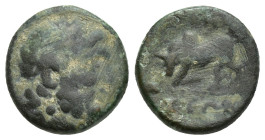 PISIDIA. Ariassos (Circa 1st century BC) AE Bronze (14mm, 3.3 g) Laureate head of bearded Zeus right / Humped bull butting left on ground line, APIA i...