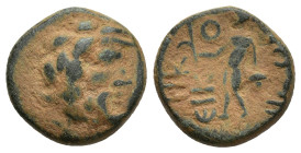 Lycaonia. Eikonion circa 100-0 BC. Bronze Æ (15mm, 3.8 g) Head of Zeus to right / ЄΙΚΟΝΙЄΩΝ, Perseus standing front, head to left, holding harpa in hi...