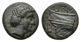Caria, Knidos. Ca. 375-340 B.C. AE (10mm, 1.3 g). Head of Aphrodite right, with hair bound in sphendone / Prow left.