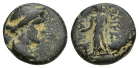 Phrygia. Laodikeia 200-100 BC. Bronze Æ (13mm, 3,5 g). Draped bust of Aphrodite right, wearing stephane / ΛAOΔIKEΩN, Aphrodite standing left, holding ...