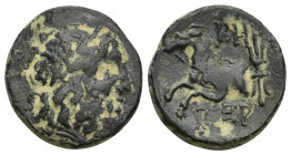 Pisidia. Termessos circa 100 BC. Bronze Æ (18mm, 4.9 g). Laureate head of Zeus right / Forepart of horse left, thunderbolt behind.