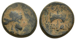 Lydia, Thyateira. Civic issue. 2nd century B.C. AE (14mm, 3.6 g) laureate head of Apollo right Rev: ΘΥΑΤΕΙ / ΡΗ-ΝΩΝ, ethnic above and across handle of...