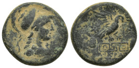 Phrygia, Apameia Æ (21mm, 9 g). Circa 88-40 BC. Helmeted bust of Athena right, wearing aegis / Eagle landing right on maeander pattern; star above, ca...