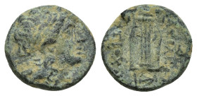 SELEUKID KINGDOM. Antiochos II Theos (261-246 BC). Ae. (13mm, 1.7 g) Sardes. Obv: Laureate head of Apollo right. Rev: BAΣIΛΕΩΣ / ANTIΟΧΟΥ. Lyre. Contr...