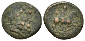 Pisidia. Isinda 100-0 BC. Bronze Æ (17mm, 5.1 g) Laureate head of Zeus right / IΣIN, warrior with spear on horse riding to right; serpent below.