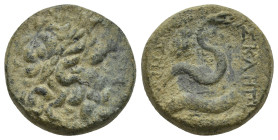 MYSIA, Pergamon. Circa 133-27 BC. Æ (19mm, 8.8 g). Laureate head of Asklepios right / Serpent coiled around omphalos right, surmounted by owl standing...