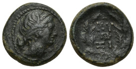 Mysia. Kyzikos 200-100 BC. Bronze Æ (18mm, 5,4 g). Head of Kore right, wearing wreath of corn / KY-ZI above and beneath monogram, monogram below, all ...