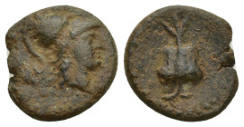 Pamphylia. Side circa 100 BC. Bronze Æ (14mm, 2.2 g). Helmeted head of Athena right / Pomegranate.