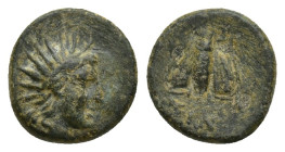 CARIA. Rhodos, Rhodes. Circa 205-188 BC. Æ Chalkon (10mm, 1.3 g). Radiate head of Helios right / rose with bud to right.