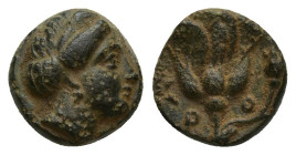 CARIA. Rhodes. Ae (9mm, 1.5 g) (404-circa 385 BC)). Obv: Head of nymph Rhodos right. Rev: P O. Rose with buds to left and right.
