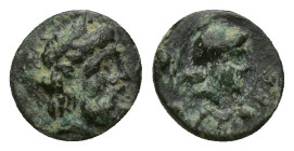 Aeolis. Autokane circa 300-200 BC. Bronze Æ (8mm, 0,5 g). Laureate head of Zeus right / ΑΥΤΟΚΑ, helmeted head of Athena right.