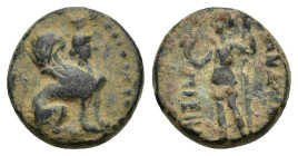 Pamphylia. Perge 190 BC. Bronze Æ (12mm, 2.2 g). Sphinx seated right / Artemis huntress standing left, holding wreath in right hand and scepter in lef...