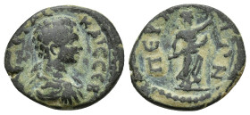 Pamphilia, Perge, Geta 198-212 AD, AE (16mm, 3 g) Bare and draped bust of Geta right. R/ Artemis advacing r., holding bow and torch.