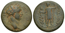 PAMPHYLIA, Side. Domitian. AD 81-96. Æ (24mm, 9.4 g). Laureate head right / Apollo standing left, holding patera and sceptre; pomegranate and laurel b...