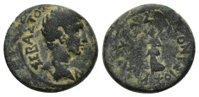 IONIA. Smyrna. Augustus (27 BC-AD 14). Ae. (16mm, 3.5 g) Dionysios Kollybas, magistrate. Obv: ΣΕΒΑΣΤΟΣ ZΜΥΡΝΑΙΩΝ. Bare head right. Rev: ΔΙΟΝΥΣΙΟΣ ΚΟΛΛ...