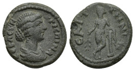 LYDIA. Saitta. Faustina II (Augusta, 147-175). Ae. (17mm, 3 g) Obv: ΦΑVСΤЄΙΝΑ СЄΒΑС. Draped bust right. Rev: СΑΙΤΤΗΝΩΝ. Apollo standing left, with leg...