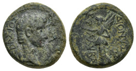 Ionia, Smyrna. Augustus (27 BC-AD 14) Æ (16mm, 5.3 g) Obverse: ΣΕΒΑ(Σ)ΤΟΣ ΖΜΥΡΝΑΙΩΝ; bare head of Augustus, r. / Reverse: ΔΙΟΝΥΣΙΟΣ ΚΟΛΛΥΒΑΣ; Nike sta...