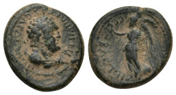 Lydia, Sardes Æ (17mm, 2.8 g). Pseudo-autonomous issue. Time of Nero, circa AD 65. EΠI TI MNACEOY CAPΔIANΩN, laureate bust of Herakles to right, lion ...